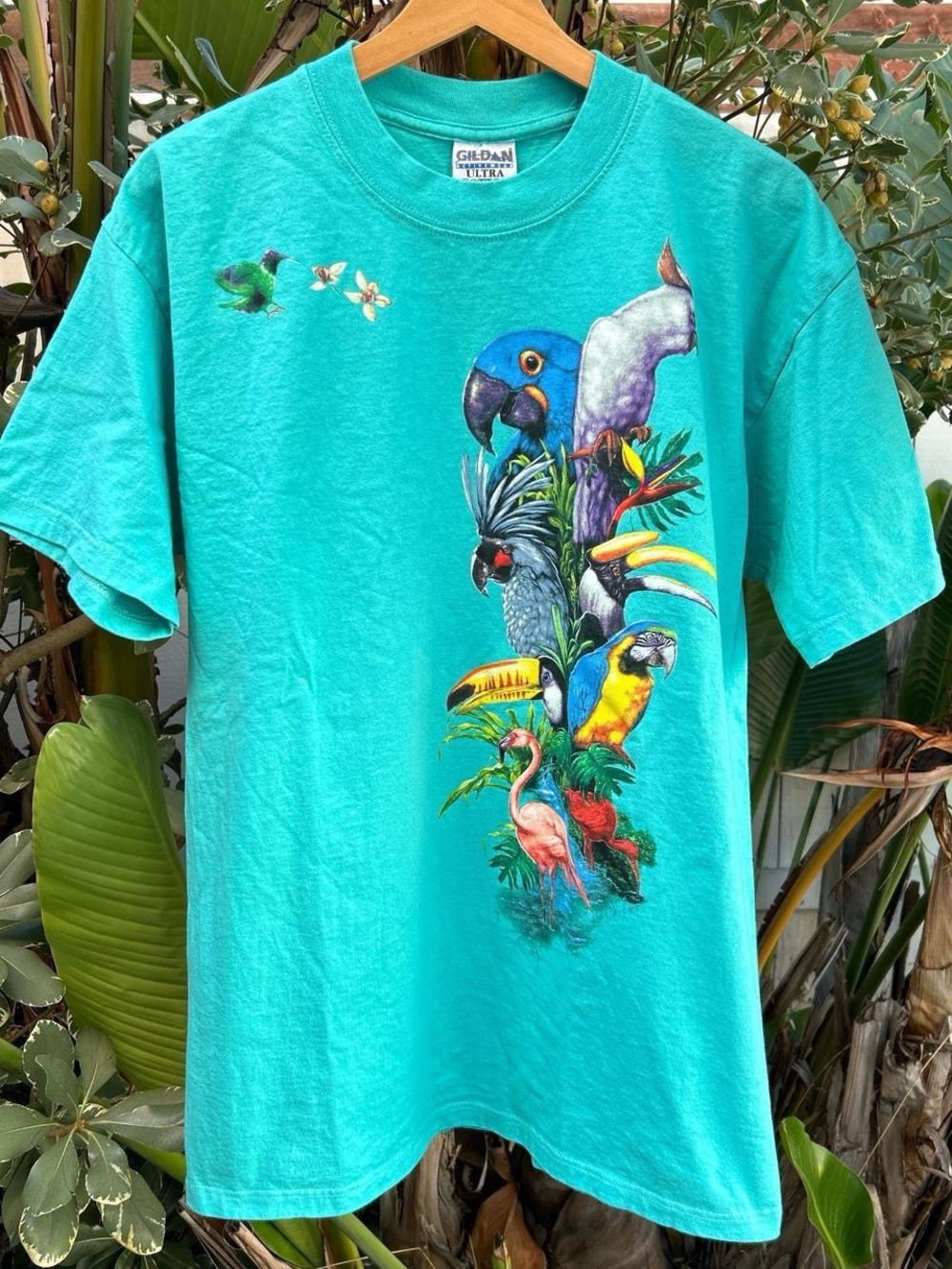 Vintage 90s Gildan Tropical Birds Parrot Flamingo Double Sided T Shirt L